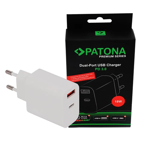 PATONA Premium PD18W Adaptér 5V/3.0A 9V/2.0A 12V/1.5A A 1xUSB-C 1xUSB-A PD3.0 QC3.0 biely