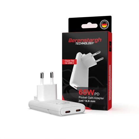 Berenstargh 65W GaN lapos adapter gyors töltő 2x USB-C PD 3.0 & QC 3.0 fehér EU/US/CAN számára