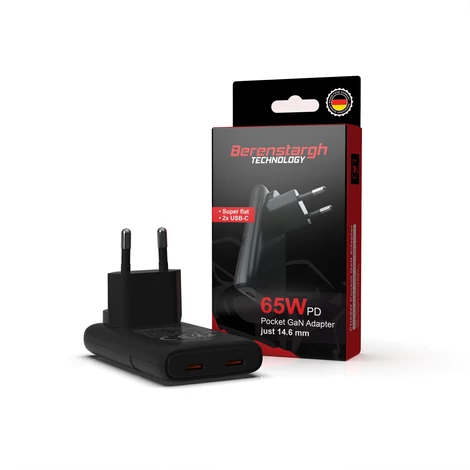 Berenstargh 65W GaN lapos adapter gyors töltő 2x USB-C PD 3.0 & QC 3.0 fekete EU/US/CAN számára