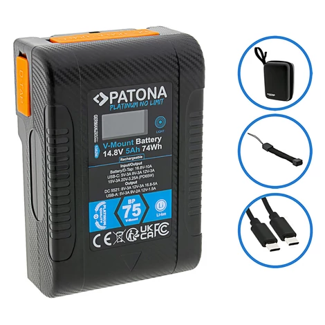 PATONA Platinum V-Mount batéria BP-75W PD65 74Wh USB-C USB-A 2xD-Tap DC-out vrátane pevného puzdra