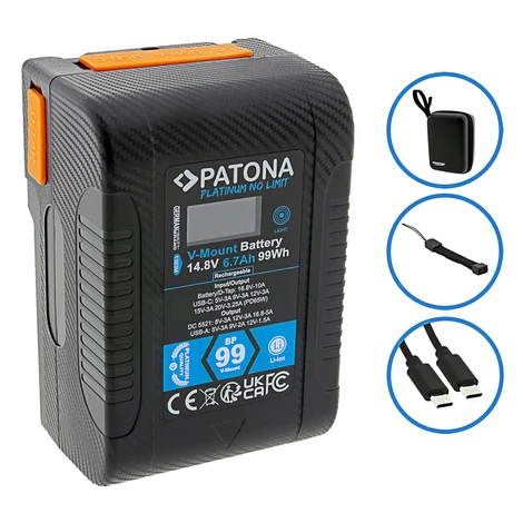 PATONA Platinum V-Mount akkumulátor BP-99W PD65 99Wh USB-C USB-A 2xD-Tap DC-kimenet keménytokkal együtt
