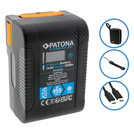 PATONA Platinum V-Mount akkumulátor BP-155W PD65 155Wh USB-C USB-A 2xD-Tap DC-kimenet keménytokkal együtt