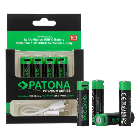 PATONA Premium USB-C 4x AA Mignon nabíjateľné lítiové batérie 3000 mWh 1,5 V nabíjateľné pomocou 1-2 USB-C nabíjacích káblov