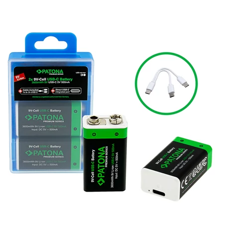 PATONA Premium USB-C 2x 9 Volt blokové batérie 6F22 Lítium 3600mWh 1.5V nabíjateľné s 1 na 2 USB-C nabíjacím káblom