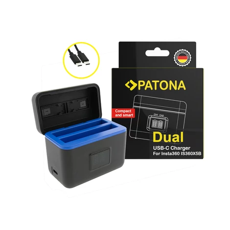 PATONA Dual Töltőtok az Insta360 X5 1/CP5/31/55-2-hez, USB-C kábellel együtt