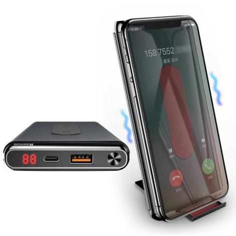 Baseus 2 tekercses Type-C QC 3.0 Wireless Power Bank 10000 mAh 15W Fekete (WXHSD-D01)
