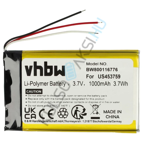 VHBW MP3-lejátszó csere akkumulátor Sony US453759-hez - 1000 mAh 3,7 V Li-polimer