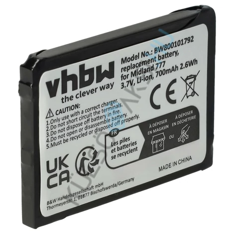 VHBW rádió csere akkumulátor Alan FB-777-hez - 700 mAh 3,7 V Li-Ion