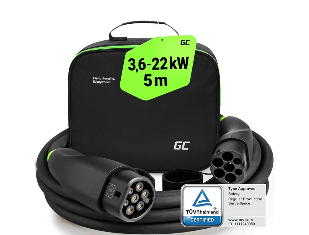 Green Cell Snap Type 2 EV elekromos autó töltőkábel 22 kW 5 m Tesla Model 3 S X Y, VW ID.3, ID.4, ID.5, Kia EV6, Audi E-Tron, Fiat 500e