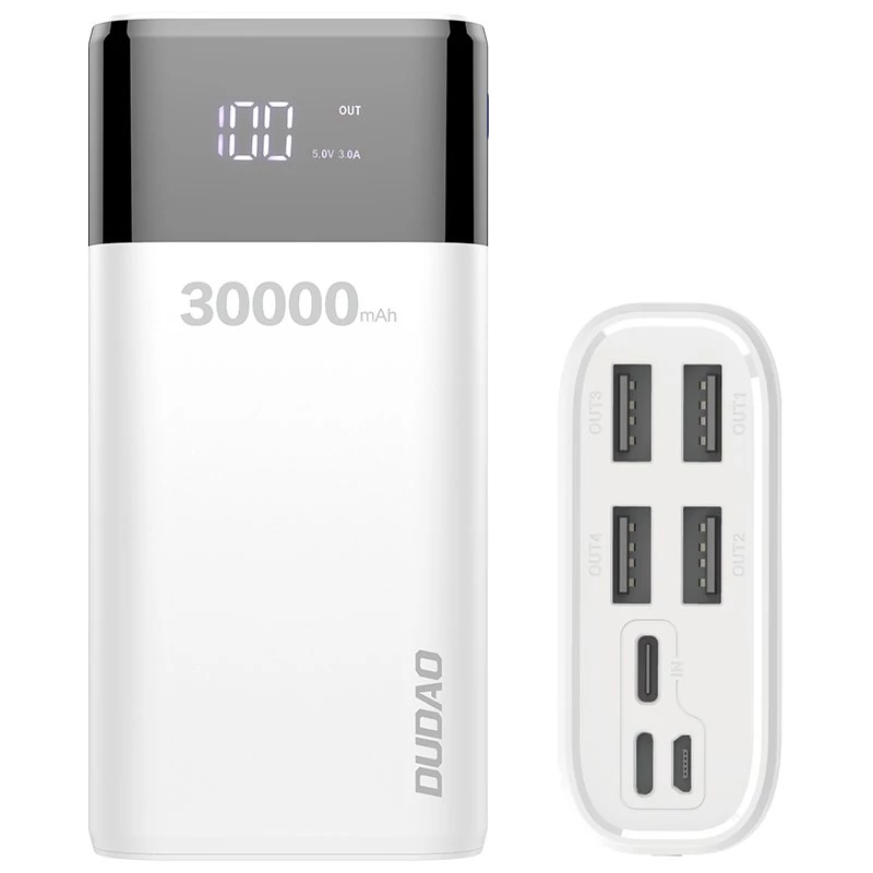 Dudao Power Bank 4x USB 30000mAh, 4A, kijelzővel, fehér (K8Max white)