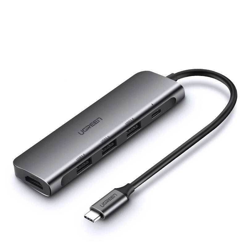 Adaptér 4v1 UGREEN CM136 USB-C - HDMI 4K, 3x USB 3.0, Type-C PD + AUX hub (sivý)