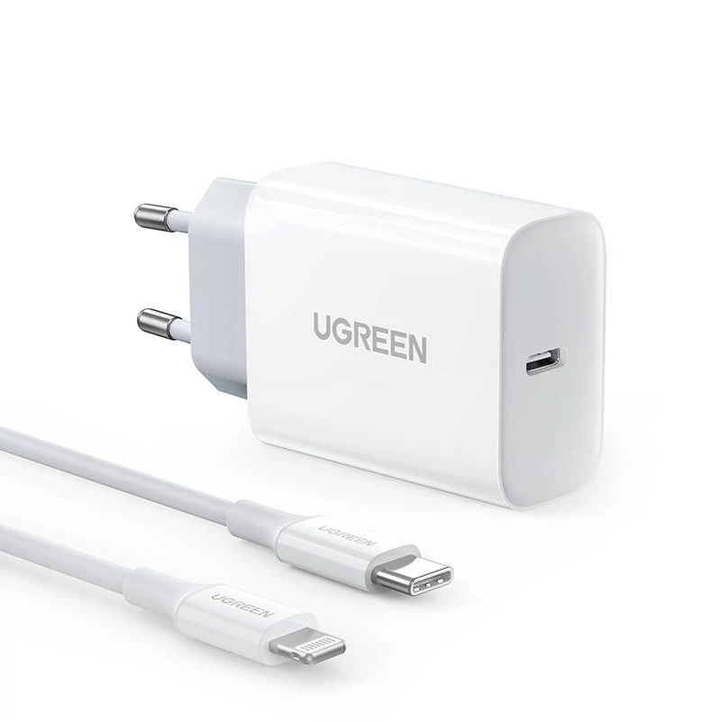 Sieťová nabíjačka UGREEN CD137, 20 W, PD 3.0, USB-C (biela) + kábel IP-USB-C (biely)