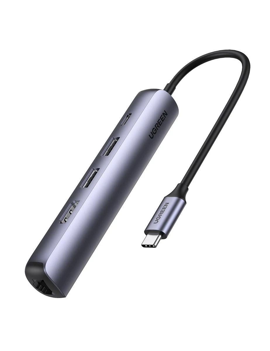 Adaptér 5 v 1 UGREEN CM418 USB-C - 2x USB 3.0, HDMI, RJ45, USB-C (sivý)