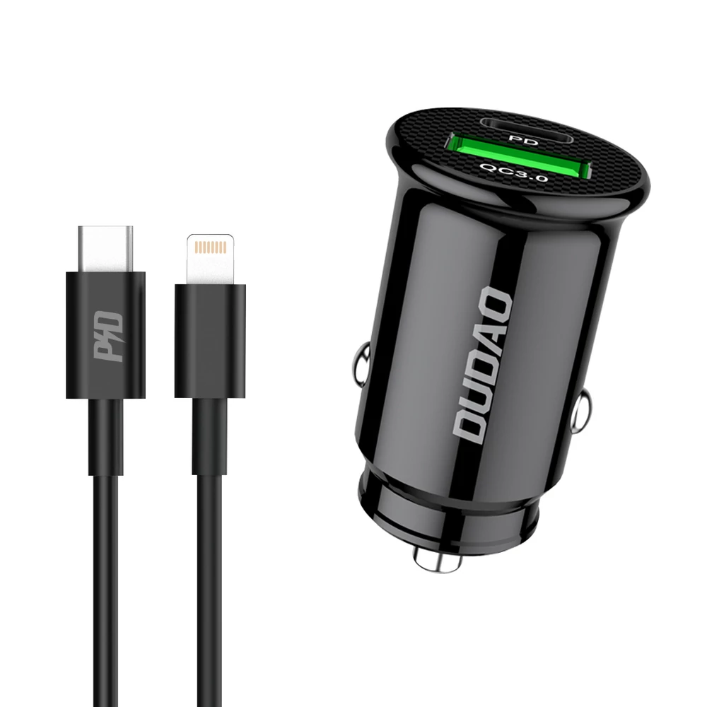 Dudao gyors autós töltő USB portokkal QC3.0 + Type C PD fekete + USB-C kábel - Lightning 18W, fekete (R3PRO)