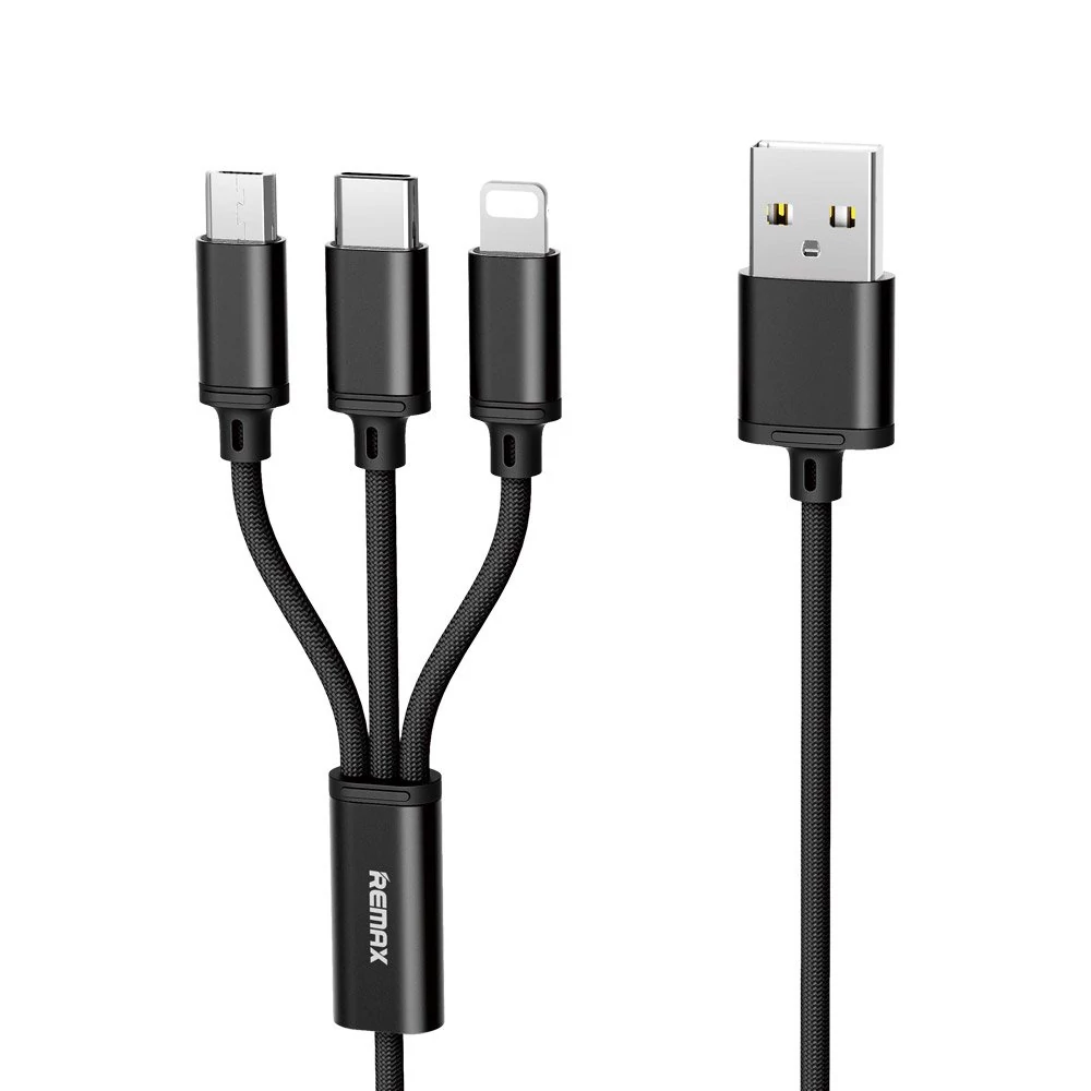 Remax Gition 3 az 1-ben nylon fonott USB - micro USB / Lightning / USB-C kábel, 2.8A, 1,15M, fekete
