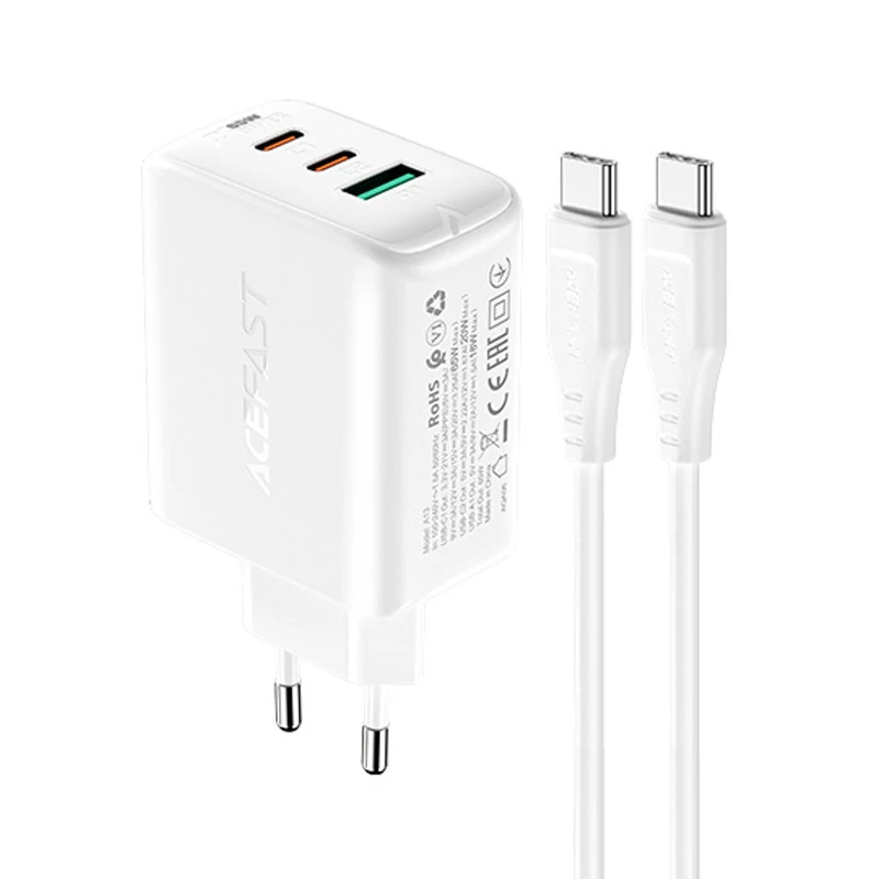 Încărcător 2 în 1 Acefast, 2x USB tip C / USB 65W, PD, QC 3.0, AFC, FCP (set cu cablu), alb (A13-white)