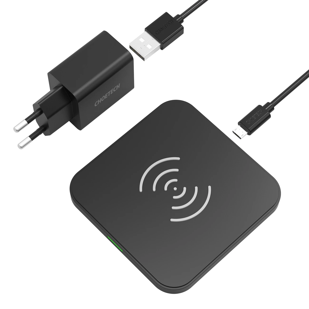Choetech töltőkészlet, Qi 10W vezeték nélküli töltő fülhallgatóhoz, telefonhoz (T511-S) + QC3.0 18W 3A fali töltő (Q5003) + USB - microUSB kábel 1,2m fekete (T511-S-EU201ABBK)