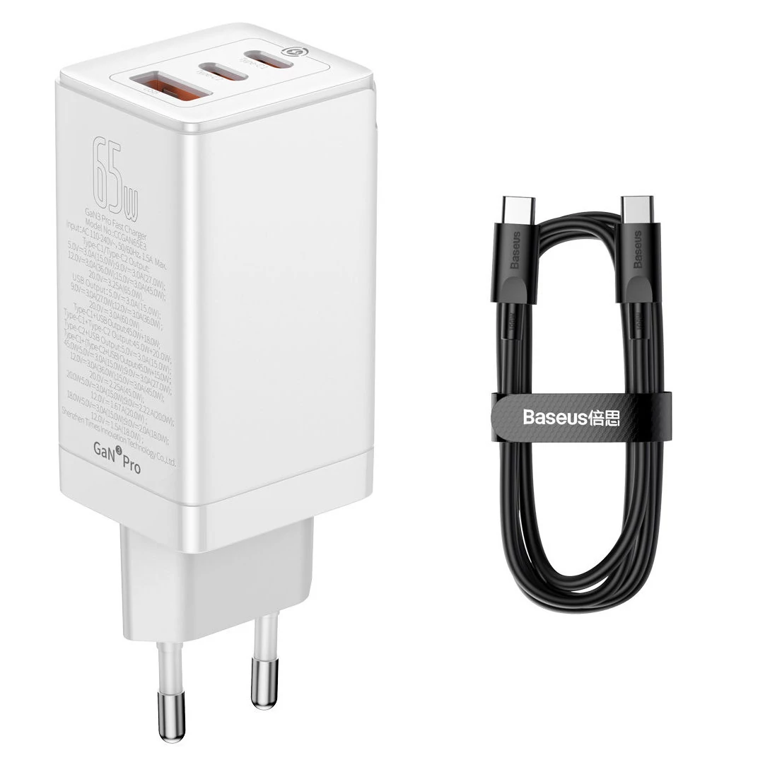 Baseus GaN3 Pro gyors univerzális GaN töltő 2 x USB Type C / USB + kábel USB Type C - USB Type C 65W PD3.0, QC4.0 +, AFC fehér (CCGP050102)