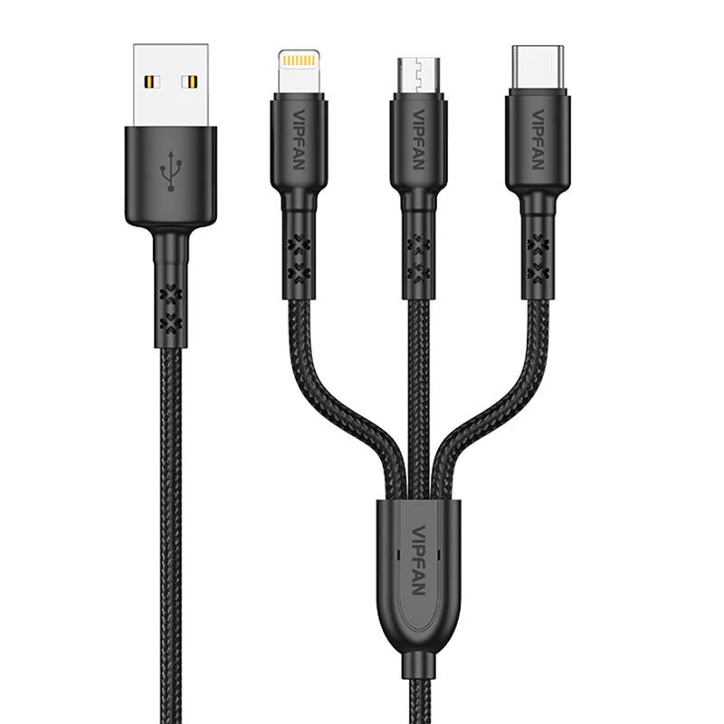 Vipfan X02 3in1 USB kábel USB-C / Lightning / Micro 3.5A 1.5m (fekete)
