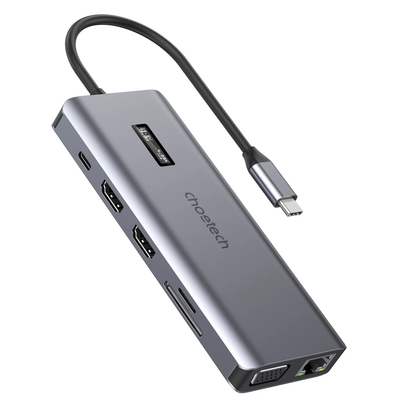 Choetech multifunkciós HUB kijelzővel 12in1 USB-C USB-C / USB-A / HDMI / VGA / AUX / SD / TF szürke (HUB-M26)