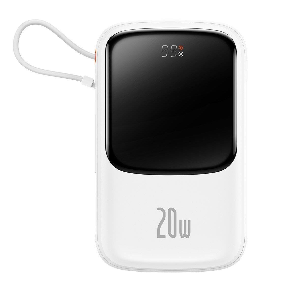 Baseus Qpow digitális kijelzős Power Bank gyors töltéssel 10000mAh 20W QC/PD/SCP/FCP beépített Lightning kábellel Fehér