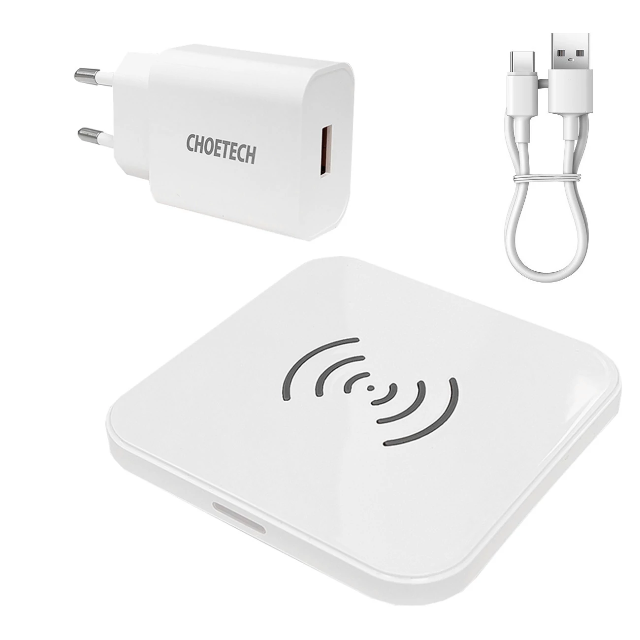 Choetech sada Qi 10W bezdrôtová nabíjačka pre slúchadlá čierna (T511-S) + 18W nástenná nabíjačka EÚ biela (Q5003) + USB kábel - microUSB 1,2 m biely