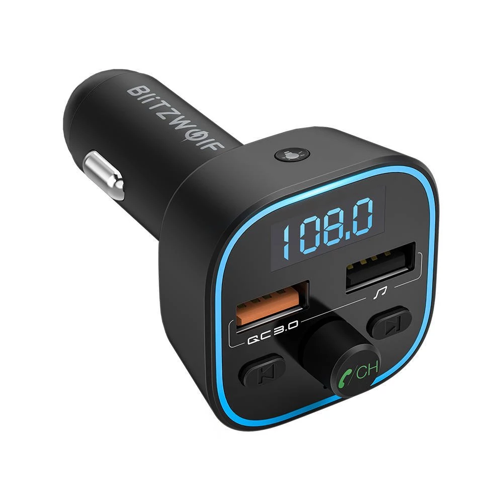 BlitzWolf BW-BC1 Bluetooth 5.0 Fm Transmitter Car Charger 2x USB MicroSD LED - čierna