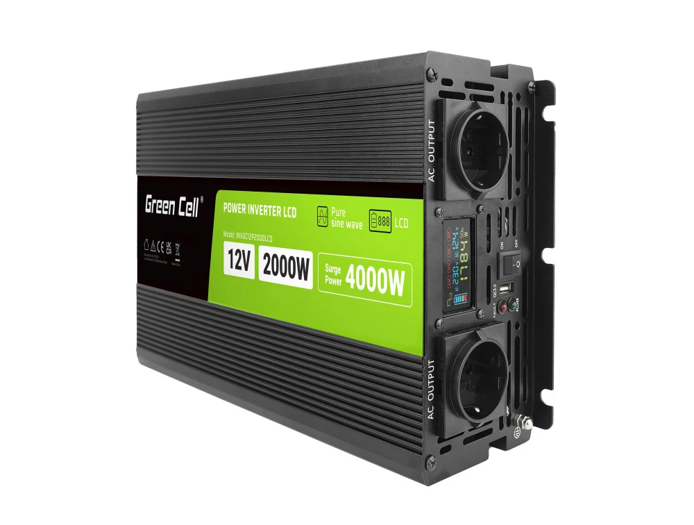 Invertor do auta Green Cell z 12V na 230V menič napätia (zosilňovač napätia) 2000W/4000W Čistá sínusová vlna, s LCD displejom