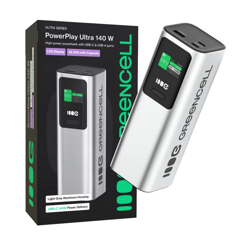Greencell PowerPlay Ultra Powerbank 25200mAh 140W PD USB C gyors töltéssel laptophoz, MacBookhoz, iPhone 16 15 14 Pro Maxhoz