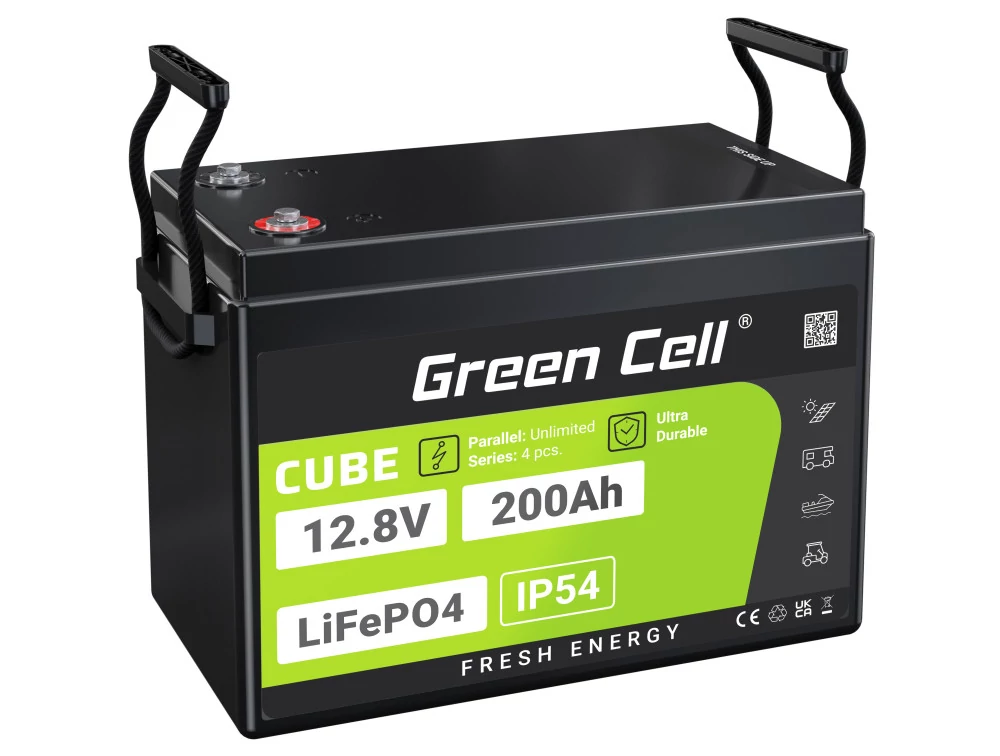 Green Cell CUBE LiFePO4 200Ah 12,8V lítium-vas-foszfát akkumulátor lakóautóhoz, napelemes, hálózaton kívüli rendszerhez, csónakhoz