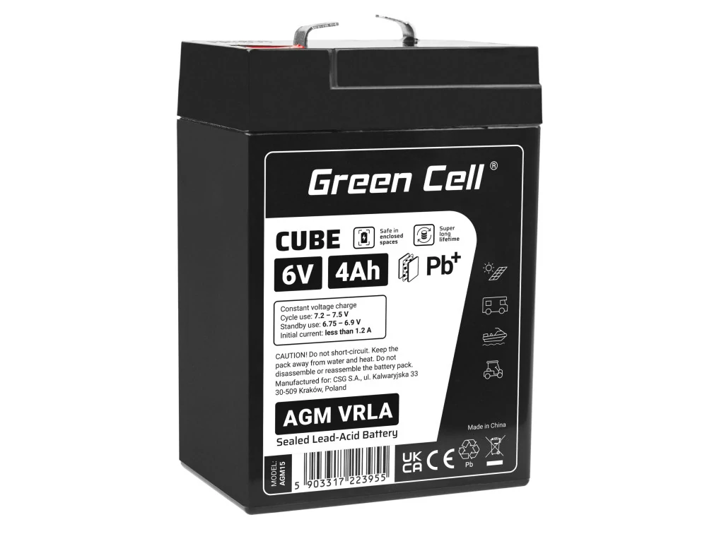 Green Cell CUBE AGM akkumulátor IP54 6V 4Ah VRLA Gél deep cycle mélyciklikus, robogó, kasza, csónak, traktor