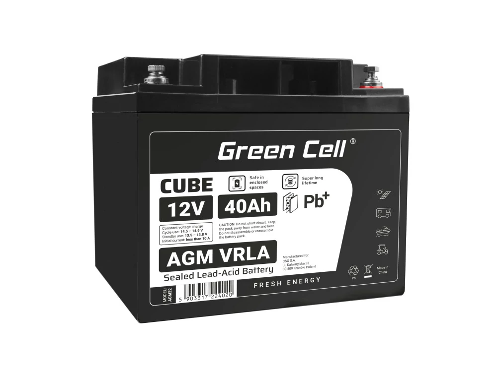 Green Cell CUBE AGM akkumulátor IP54 12V 40Ah VRLA Gél deep cycle mélyciklikus, robogó, kasza, csónak, traktor