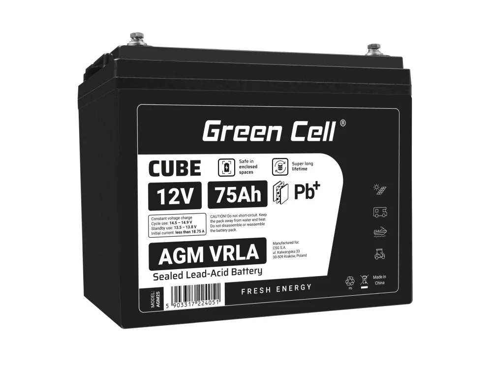 Green Cell CUBE AGM akkumulátor IP54 12V 75Ah VRLA Gél deep cycle mélyciklikus, robogó, kasza, csónak, traktor