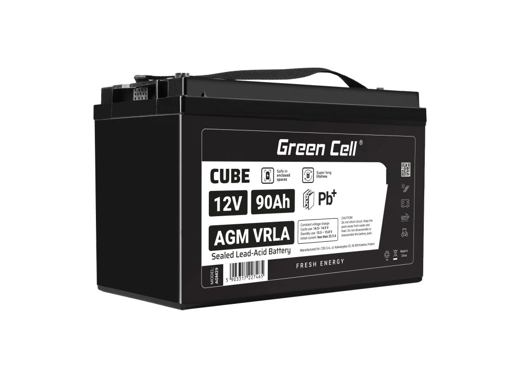 Green Cell CUBE AGM akkumulátor IP54 12V 90Ah VRLA Gél deep cycle mélyciklikus, robogó, kasza, csónak, traktor