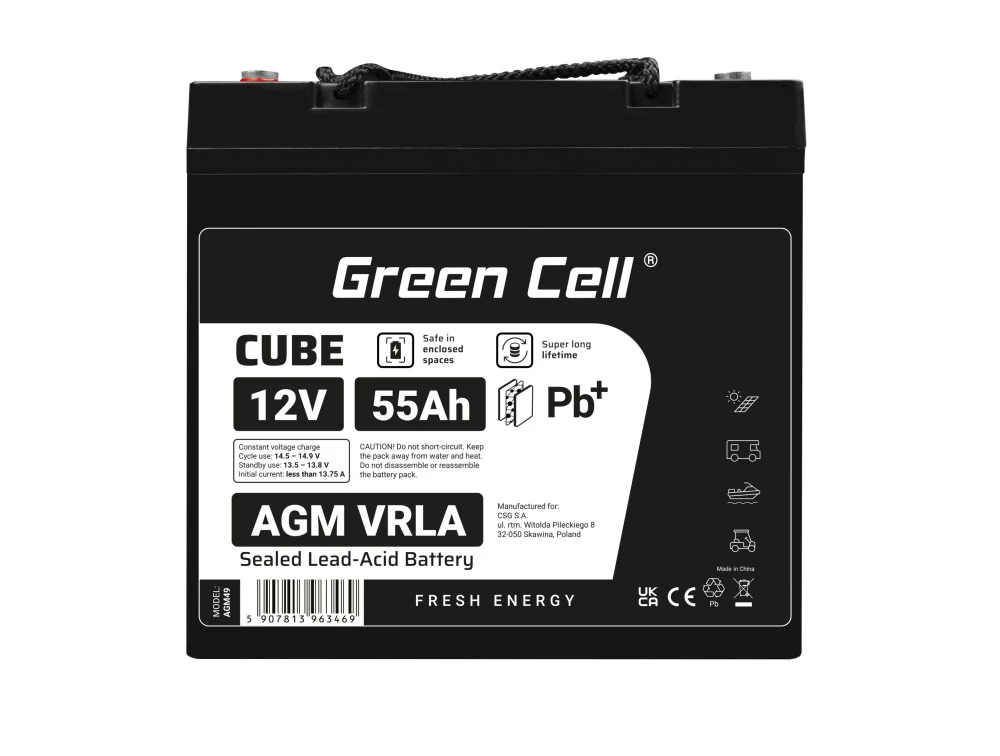 Green Cell CUBE AGM akkumulátor IP54 12V 55Ah VRLA Gél deep cycle mélyciklikus, robogó, kasza, csónak, traktor