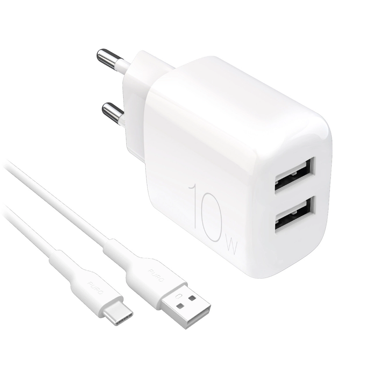 Puro PROLITE 10W 2x USB-A fali töltő + USB-A - USB-C kábel 1,2m - fehér
