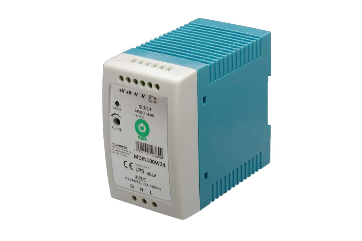 POS MDIN100W24, tenký napájací zdroj 24V/4A na montáž na DIN lištu, plastové puzdro
