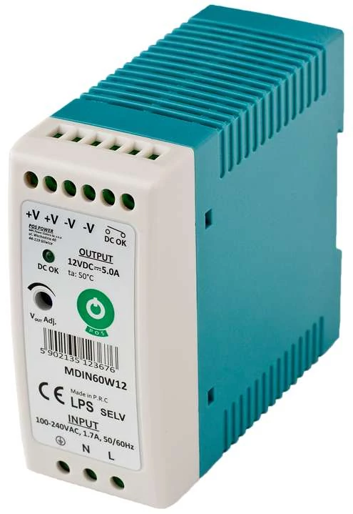 POS MDIN60W12, tenký napájací zdroj na DIN lištu 12V/5A, plastové puzdro