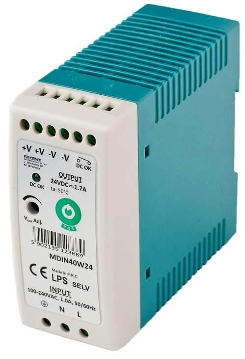 POS MDIN40W24, tenký napájací zdroj na DIN lištu 24V/1,7A, plastové puzdro