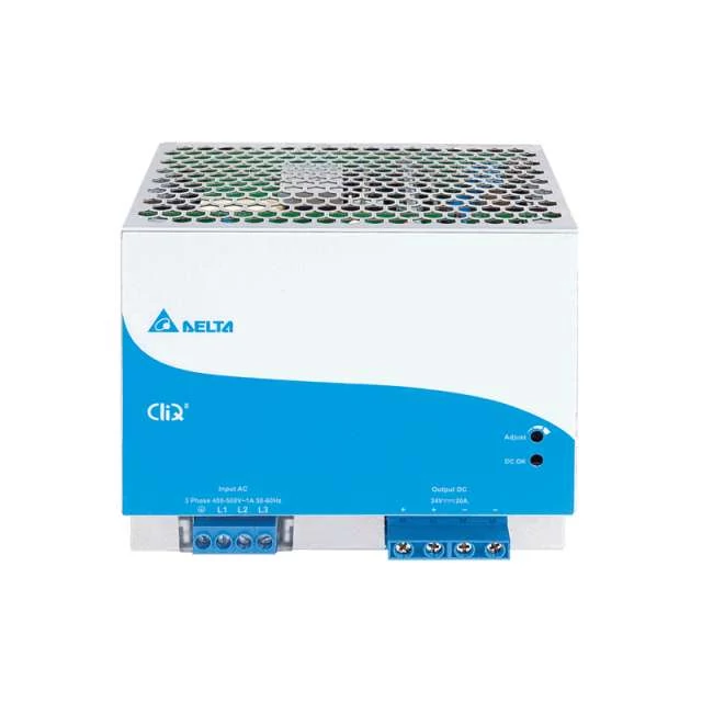 Napájací zdroj DELTA DRP024V480W3BN, montáž na DIN lištu Delta 24V/20A, CLIQ II, vysoká účinnosť, 3-fázový vstup