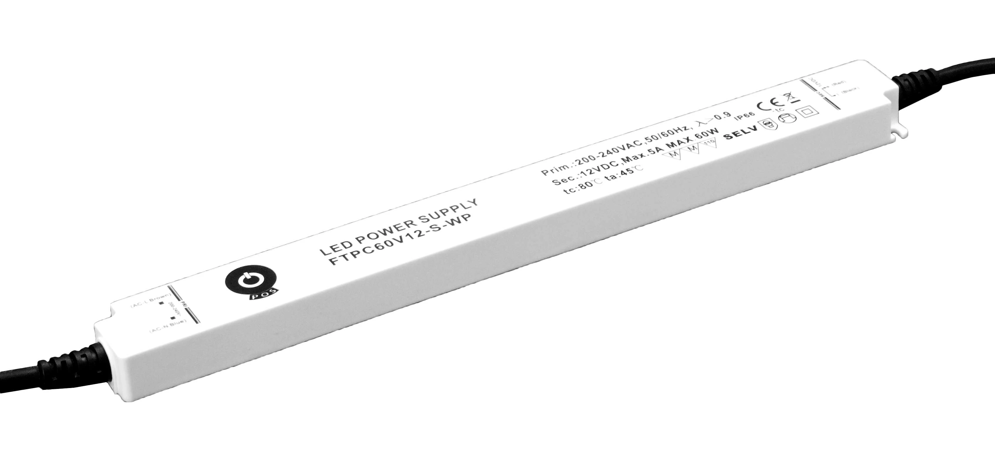 Napájací zdroj POS FTPC60V24-S-WP, ovládač POS LED 24V/2,5A CV, tenké plastové puzdro IP66