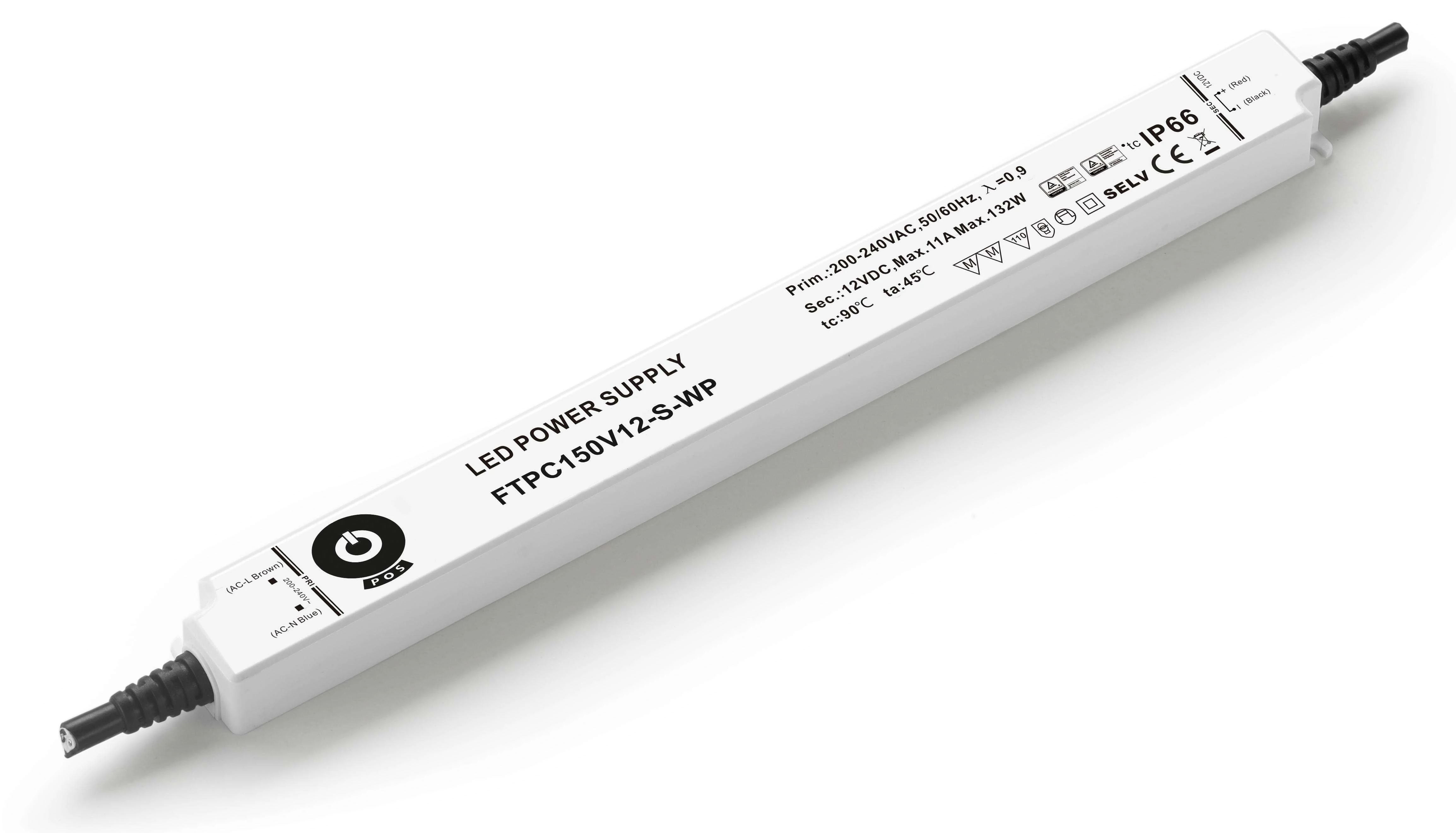 Napájací zdroj POS FTPC150V12-S-WP, ovládač POS LED 12V/11A CV, tenké plastové puzdro IP66