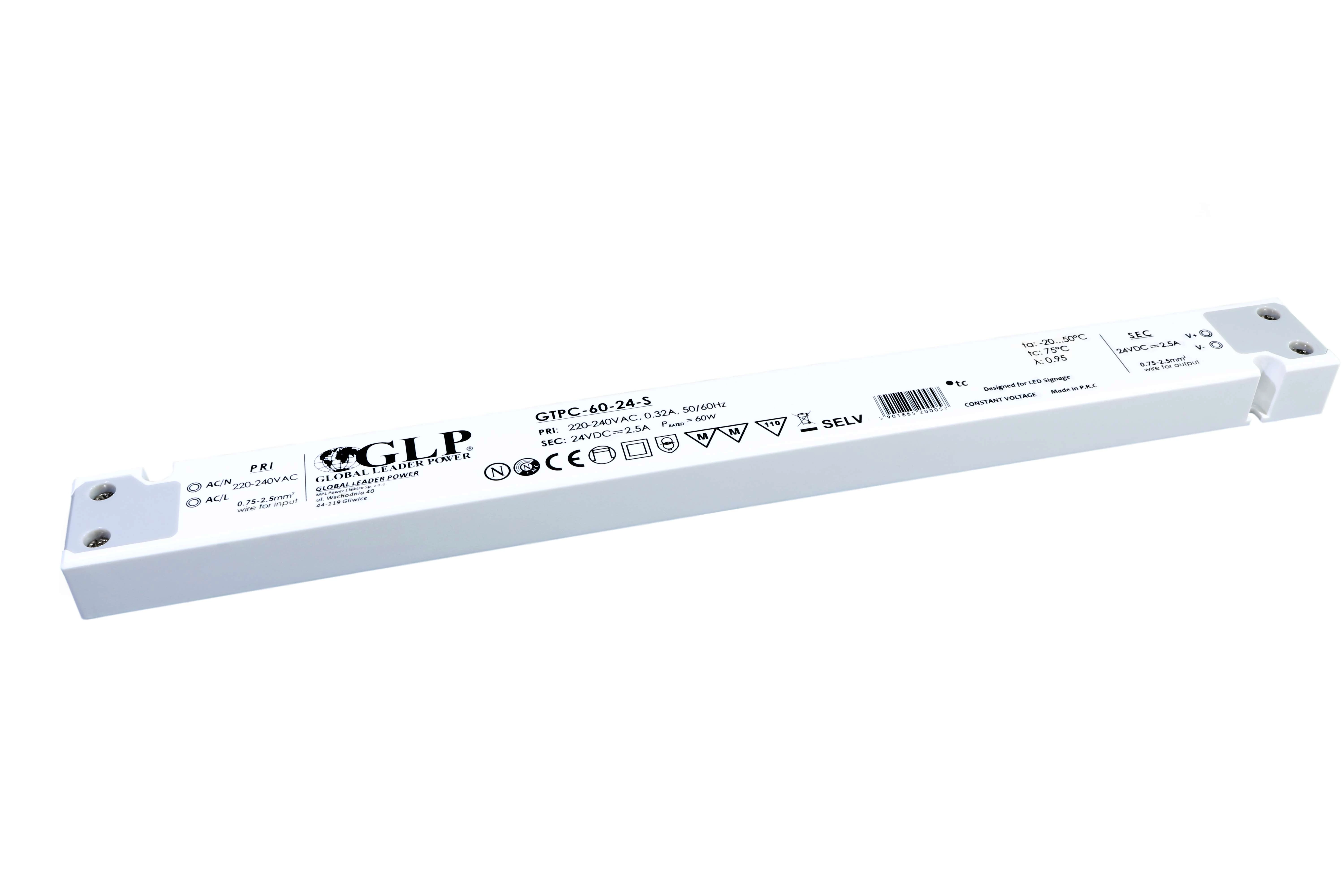 GLP GTPC-60-12-S, napájací zdroj GLP: 12V/5A, CV, plastové puzdro, tenký