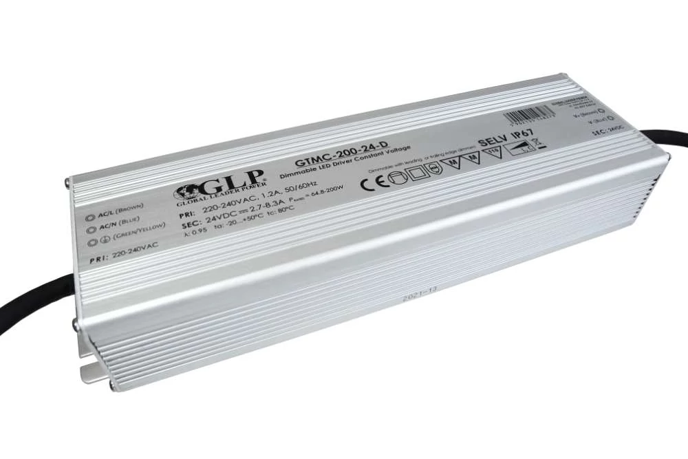 GLP GTMC-200-24-D, napájací zdroj GLP: stmievateľný triakový LED ovládač 24V/2,7-8,3A, CV, hliníkové puzdro IP67