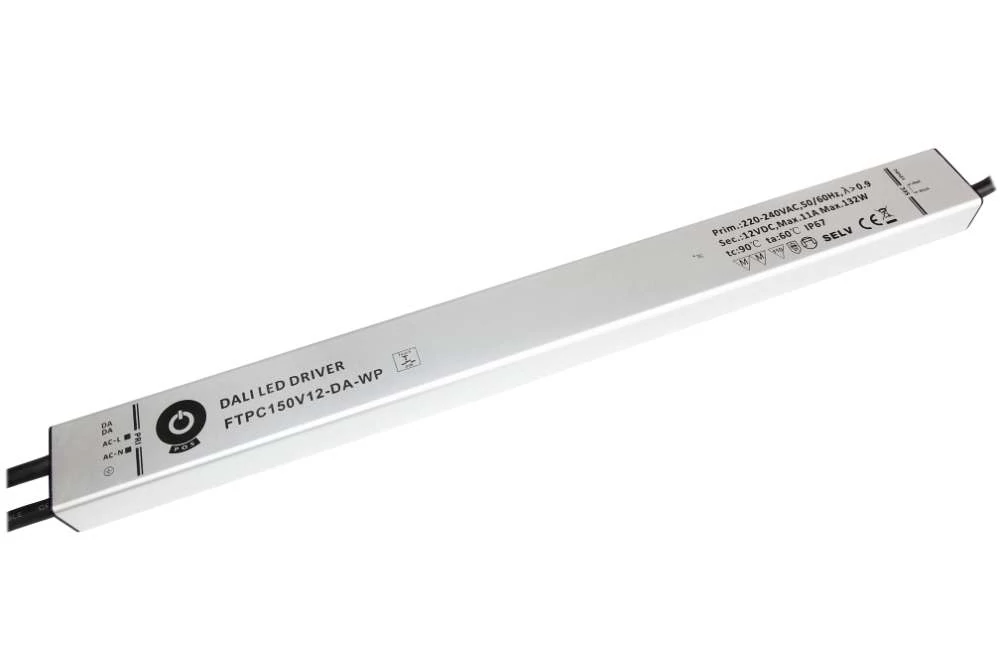 Napájací zdroj POS FTPC150V12-DA-WP, POS LED ovládač 12V/11A 132W CV so stmievaním tlačidlom DALI, lineárne kovové puzdro IP67