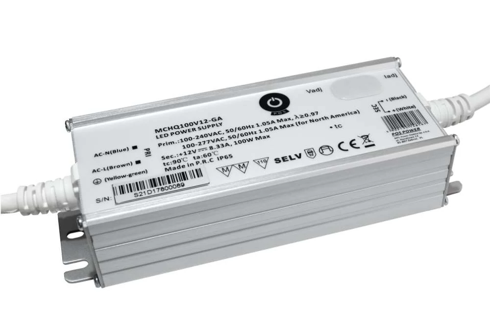 Napájací zdroj POS MCHQ100V12-GA, LED ovládač 12V/8,33A CV, kovové puzdro, PFC, univerzálny AC vstup (max. 305VAC), nastaviteľný Uo/Io