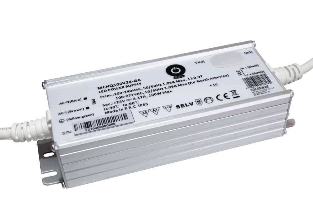 Napájací zdroj POS MCHQ100V24-GA, LED ovládač 24V/4,17A CV, kovové puzdro, PFC, univerzálny AC vstup (max. 305VAC), nastaviteľný Uo/Io