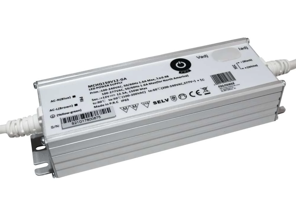 Napájací zdroj POS MCHQ150V12-GA, LED ovládač 12V/12,5A CV, kovové puzdro, PFC, univerzálny AC vstup (max. 305VAC), nastaviteľné Uo/Io