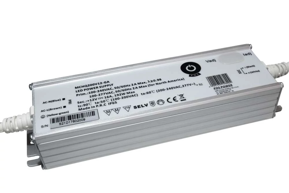 Napájací zdroj POS MCHQ200V12-GA, LED ovládač 12V/16A CV, kovové puzdro, PFC, univerzálny AC vstup (max. 305VAC), nastaviteľný Uo/Io