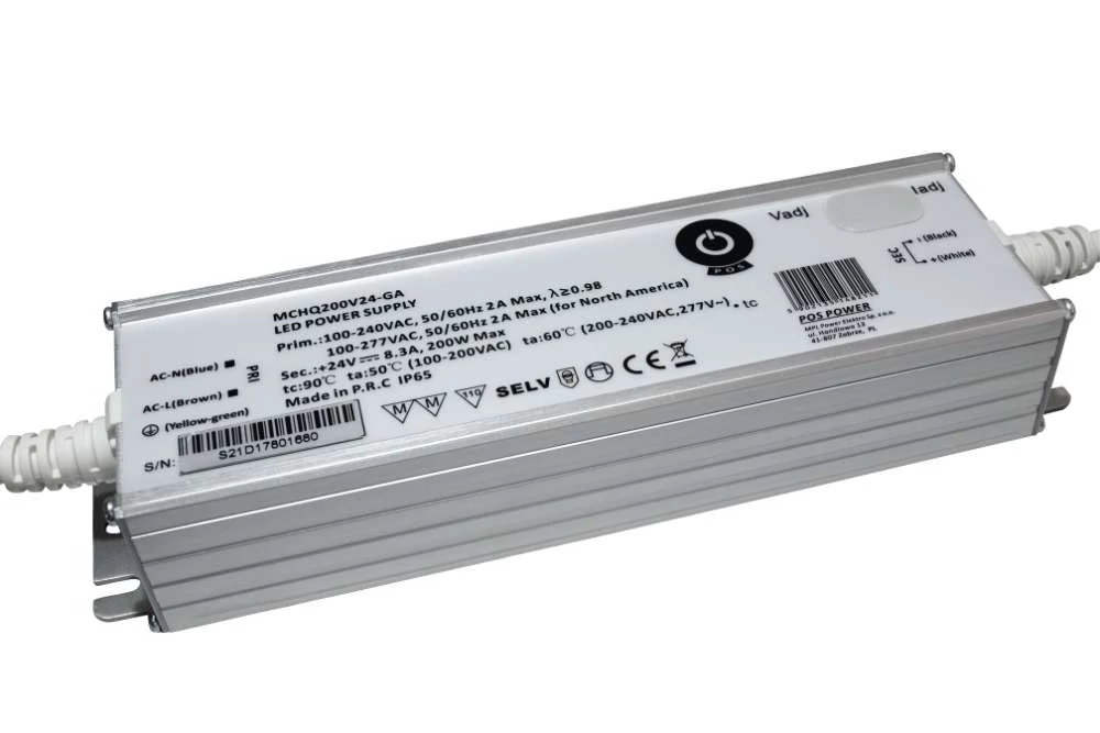 Napájací zdroj POS MCHQ200V24-GA, LED ovládač 24V/8,3A CV, kovové puzdro, PFC, univerzálny AC vstup (max. 305VAC), nastaviteľný Uo/Io
